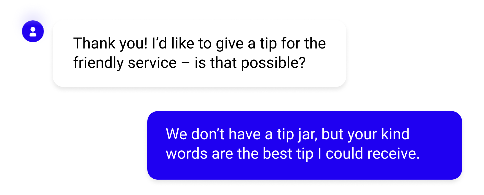 Chat: player thanking the agent and offering a tip